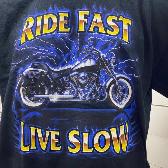 Ride Fast Live Slow Motorcycle Lightning TShirt Bike Biker Cycle Wheels Tires XL - Picture 2 of 4